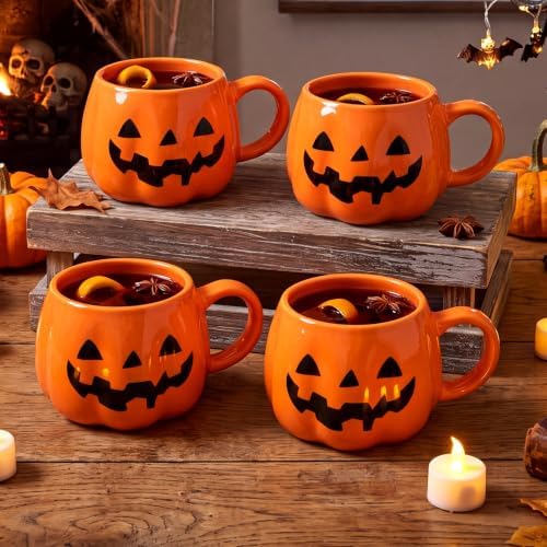 Potchen 4 Pack 12 oz Halloween Coffee Mugs Ceramic Jack O Lantern