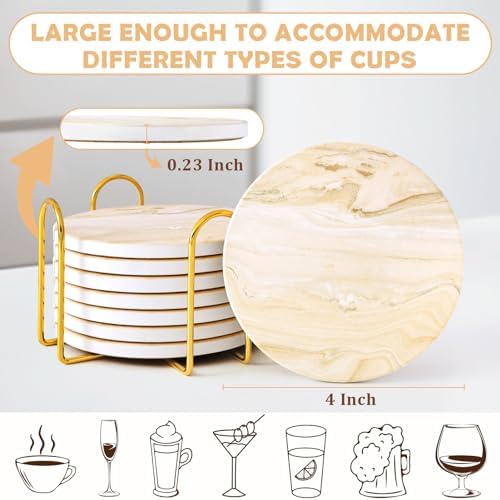 Absorbent Ceramic Coasters Set of 4, Modern Marble Style Drink