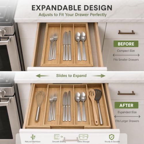 Expandable Bamboo Silverware Drawer Organizer, Adjustable Cutlery Tray