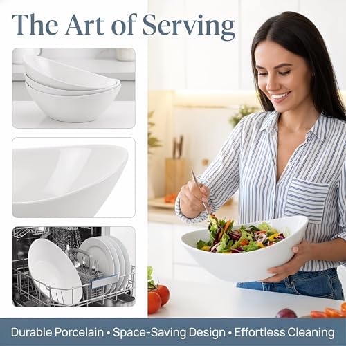 Lawei 4 Pack 9" Porcelain Serving Bowls, 36 Oz Oval Ceramic Mixing Bowls, Large Serving Dishes for Salads, Spaghetti, Dessert, Veggie, Potatoes and Fruits, Side Dishes, Microwave & Dishwasher Safe