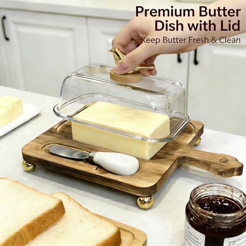 HAN SHENG Gold Bird Butter Dish with Glass Lid Knife, Butter Storage