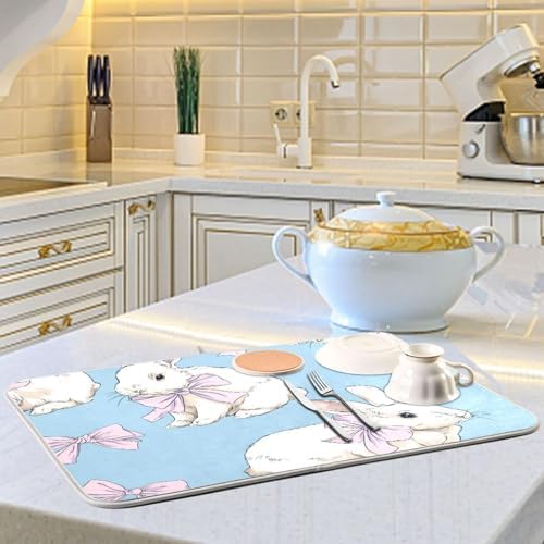 OTVEE Sweet Bunny Art Dish Drying Mat for Kitchen Counter Absorbent
