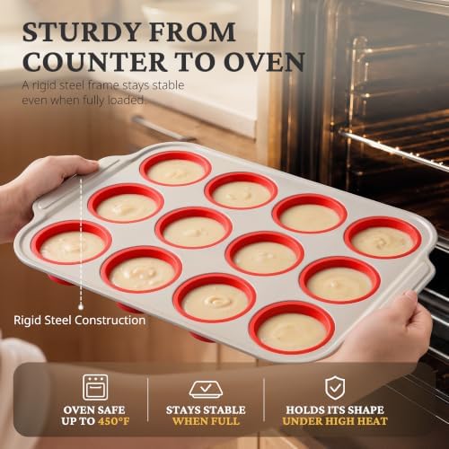 BRONYPRO Silicone Muffin Pan for baking, 12-Cup, Warm Oat and Classic