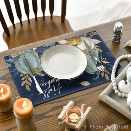 Artoid Mode Blue Hello Pumpkin Fall Placemats Set of 4-12 x 18 Inch
