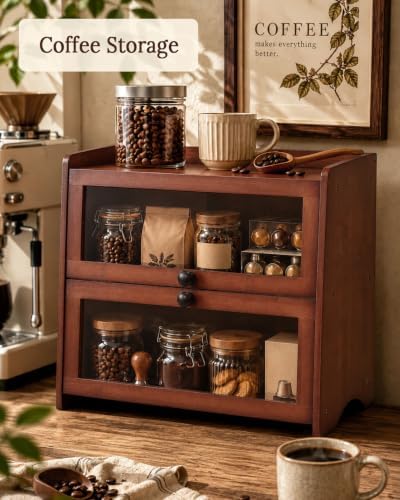 Brown Bread Box for Kitchen Countertop, 2 Tier Large Capacity Wooden Bread Storage Container, Farmhouse Bread Keeper for Bread, Bagels, Pantry Organizer
