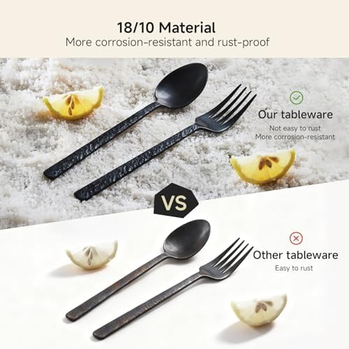 20 Pcs Black Hammered Silverware Set for 4, 18/10 Stainless Steel