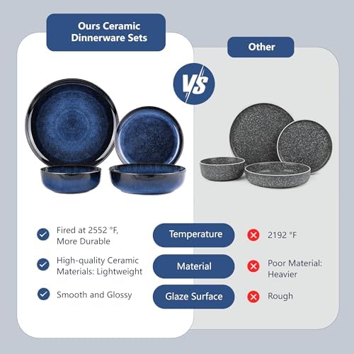 16 Pcs Porcelain Dinnerware Sets for 4 with Double Bowls, Blue
