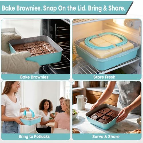 9x9 Square Cake Pan with Lid, Nonstick, Foldable Handle