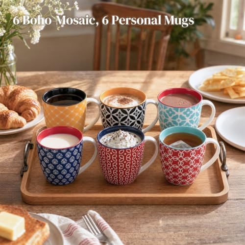 DOWAN 16 OZ Boho-Mosaic Coffee Mugs Set of 6, Large Ceramic Coffee