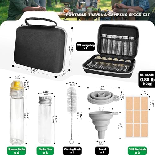Portable Travel Camping Spice Kit, 12 Jars with EVA Bag, Funnel &