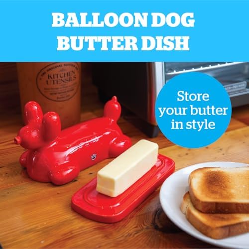 Red Balloon Dog Butter Dish, Ceramic Butter Stick-Shaped Lid, Holds 1