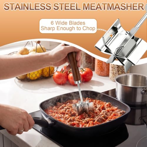 Stainless Steel Meat Chopper, 6 Curve Blades Beef Masher with Wooden