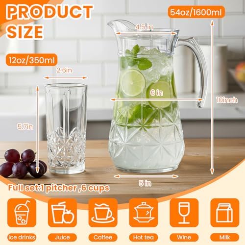 LemonRoad 7 Pcs Glasses Pitcher Drinkware Set 54oz Pitcher Carafe and