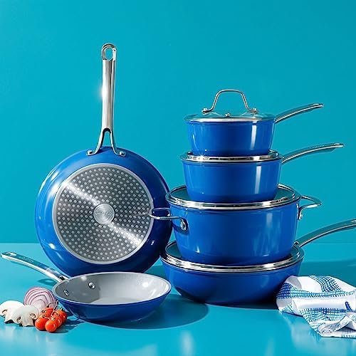Sur La Table Kitchen Essentials 10 Piece PFA Free Titanium Ceramic Nonstick Interior Forged Aluminum Cookware Pots and Pans Set - Blue - Induction Compatible