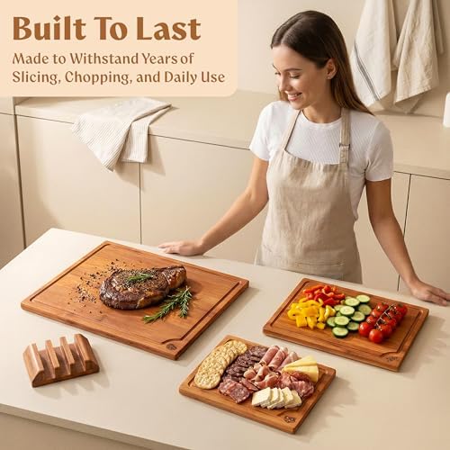 EDELHAUS Carbonized Bamboo Cutting Board Set of 3 with Stand, Non