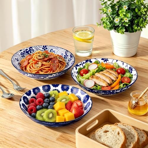7.8 Inch Porcelain Pasta Bowls Set of 6, Ceramic Salad Bowls Blue &