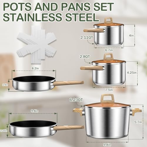 DUTZUN Stainless Steel Cookware Set 13PCS, Pots and Pans Set, Induction Cookware, Kitchen Cooking Set, Heavy Duty, Tri-Ply Base, Dishwasher Safe
