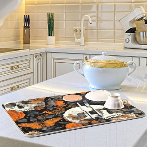 OTVEE Macabre Butterfly Art Dish Drying Mat for Kitchen Counter