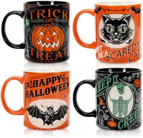 Whaline 4Pcs Halloween Mug Pumpkin Black Cat Bat Skeleton Coffee Mug