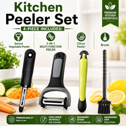 Kitchen Peeler 4-Pc Set, 3-in-1 Rotary Julienne, Swivel, Citrus &