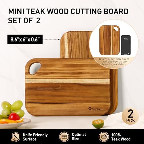 2 Pack Small Teak Wood Cutting Board for Kitchen 8.6" x 6" Mini Wooden