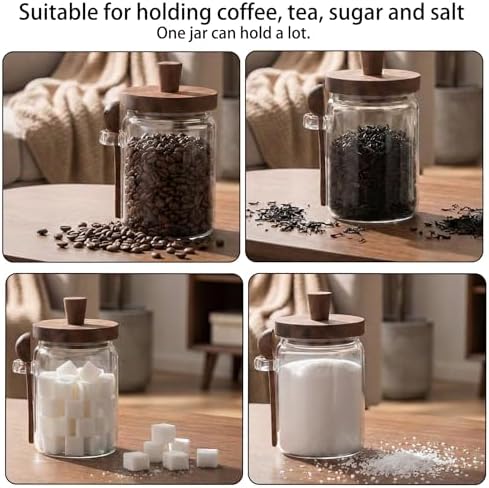 Set of 3 Glass Jars with Wooden Lids and Scoops, 31oz Coffee Food