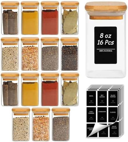 ComSaf Square Glass Spice Jars with Labels 8 oz 16 Pack with Bamboo