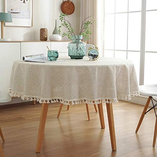 AMZALI Cotton Linen Fabric Tassel Round Tablecloth Dust-Proof Table