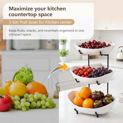 Ceramic Fruit Bowl for Kitchen Counter, 3 Tier Fruit Basket with Metal Stand, Tiered Fruit Stand for Countertop, Snack, Nuts, Cake, Dessert (3 tier)