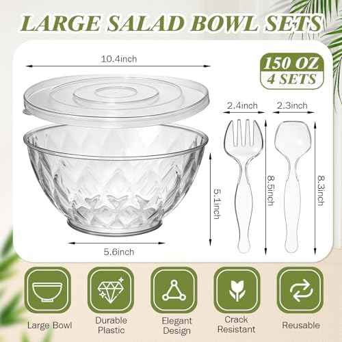 4 Pack Large Plastic Salad Serving Bowl Sets, Diamond