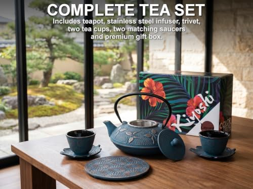 Blue Butterfly Cast Iron Tea Set, 2 Cups, 2 Saucers, Infuser & Trivet