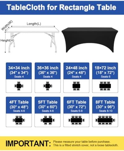 Smiry 2 Pack Spandex Table Cloth 6FT, Elastic Fitted Black Tablecloth