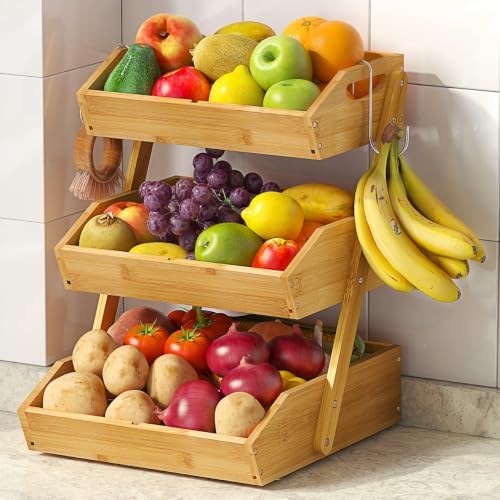 Sevenblue 3-Tier Bamboo Fruit Basket with 2 Banana Holders