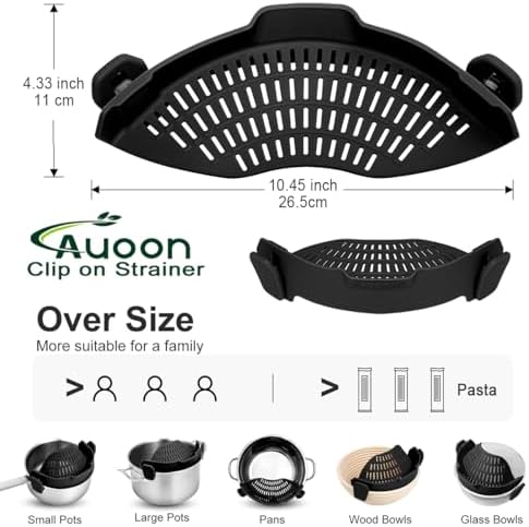 AUOON Clip On Strainer Silicone for All Pots and Pans (Black, Large) &