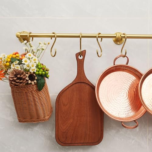 31 Inch Brass Pot Rack Wall Mounted, Kitchen Rail with Hooks for Pots, Pans, Mugs and Utensils, Segmented Wall Hanging Rack, Includes 8 S-Hooks