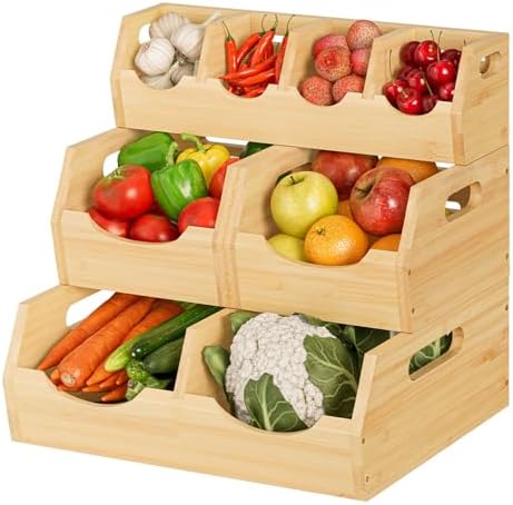 Potato and Onion Storage Bin, 3-Tier Stackable Bamboo Pantry Bins