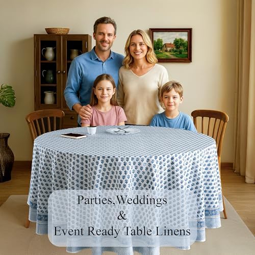 CPC Apatite Blue Block Print Cotton Tablecloth Round 60 Inch Home