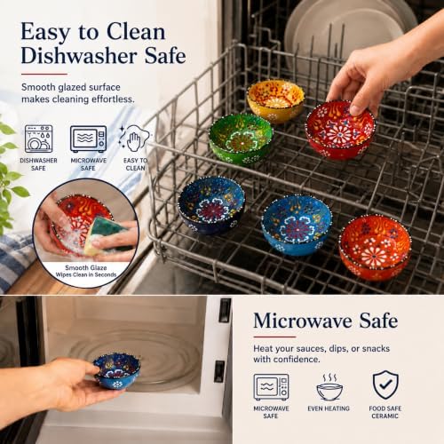 BCS Hand-Painted Ceramic Dipping Bowls Set of 6, 3 oz Mini Salsa Bowls