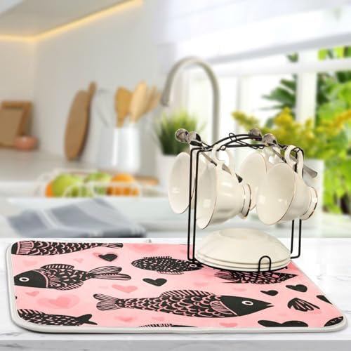 OTVEE Minimalist Fish Art Dish Drying Mat for Kitchen Counter