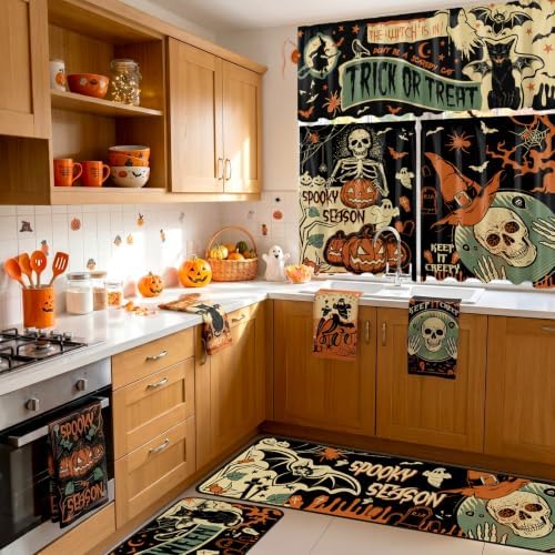 13 Pcs Vintage Gothic Halloween Kitchen Decor, Kitchen Rugs Curtains