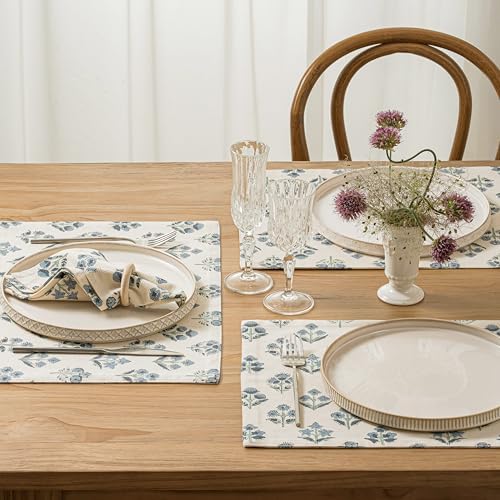 Block Print Floral Decorative Placemats Set of 6, Dusty Blue