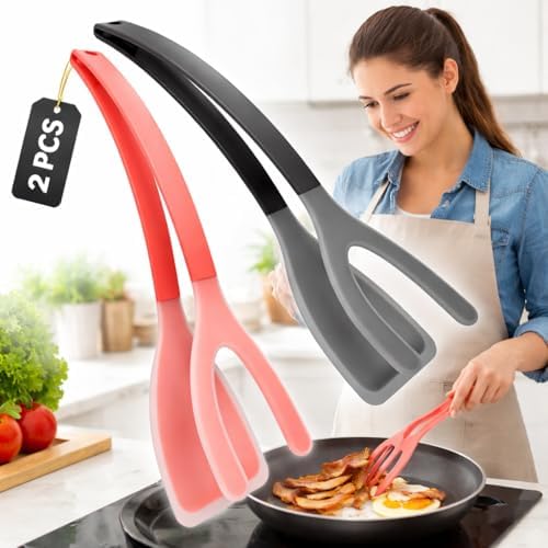 Silicone Spatula Tongs Set of 2, Red & Black