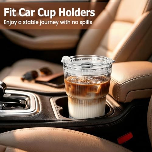 TUZAZO 4 Pack 13oz Ribbed Glass Tumblers with Lids and Straws
