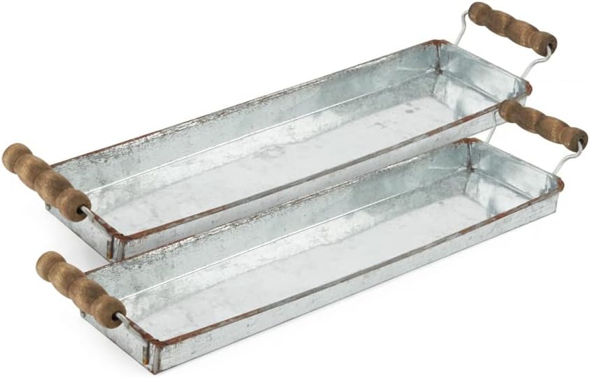 Set of 2 Rustic Galvanized Metal Long Serving Trays with Handles for
