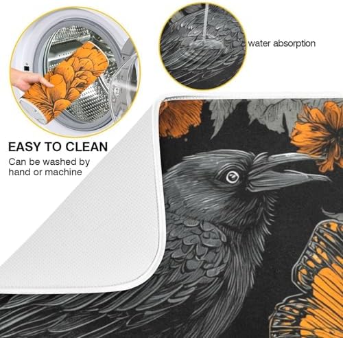 OTVEE Dark Floral Skull Dish Drying Mat for Kitchen Counter Absorbent