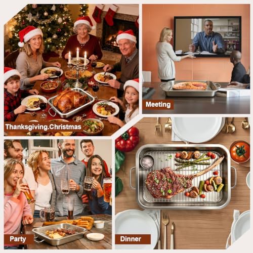 Stainless Steel Roasting Pan with Rack & Handles, 14.17 * 10.63 Inch Food-Grade Roasting Pan, Oven and Dishwasher Safe. Suitable for Turkey, Meat, Baking, Bread