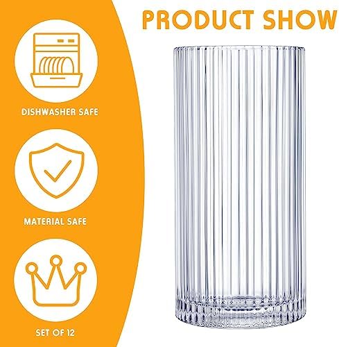Zhehao 12 Pcs Ribbed Drinking Glasses Clear Vintage Cups Set, 9 oz