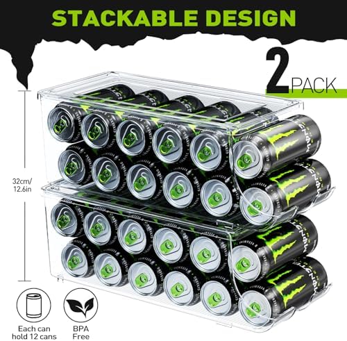 SCAVATA 2 Pack Tall Skinny Can Organizer for Refrigerator, Stackable Large Soda Cans of 16oz & 17oz Beverage Energy Drink Container Holder Dispenser with Lid for Fridge, Clear Storage Plastic Bins