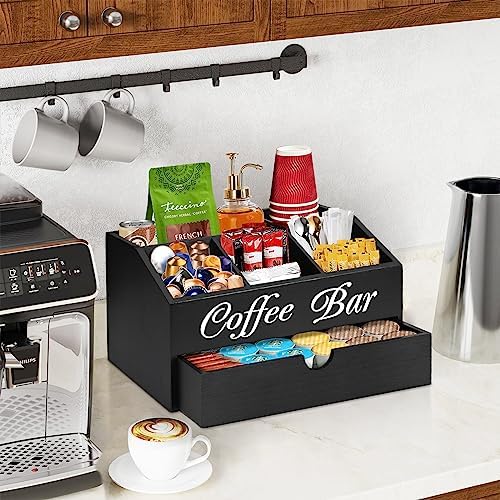 Coffee Bar Organizer Countertop, Wooden Bar Accessories With Drawer