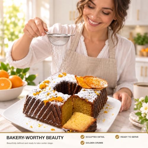 Square Fluted Tube Cake Pan, 10-Cup Compact Size, Dual-Tone Gold &